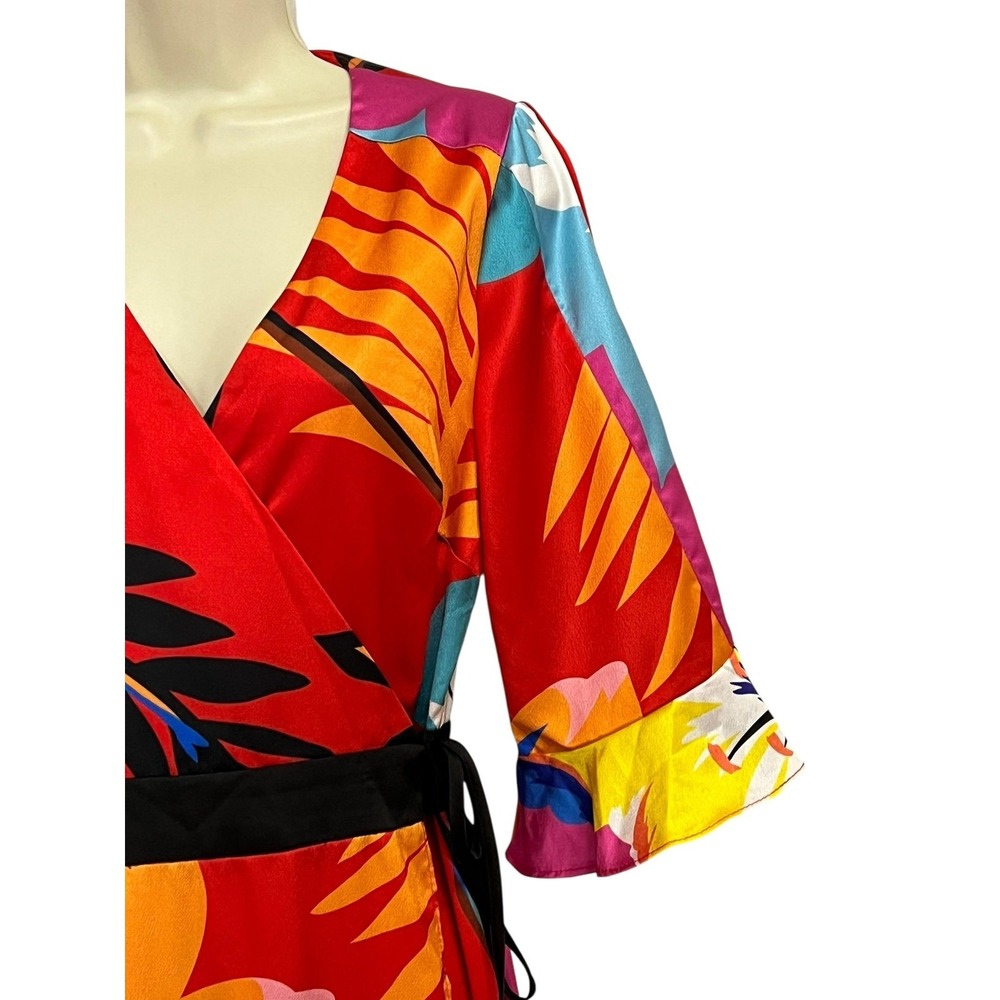Liquorish Dress Womens‎ US 6 Red Multicolor Wrap Midi Ruffle Sleeves Tropical - Picture 7 of 13